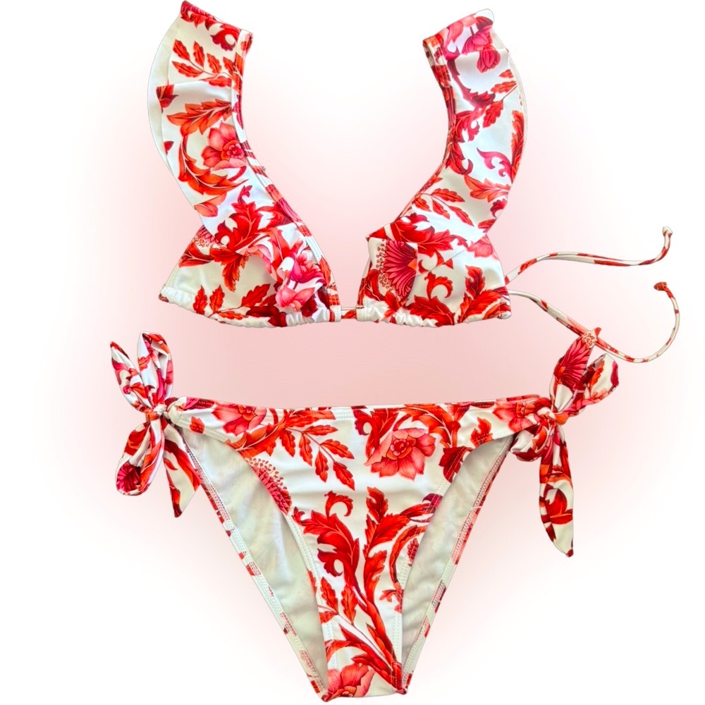 Shein - Women’s Red & White Floral Print Bikini Set - EUC